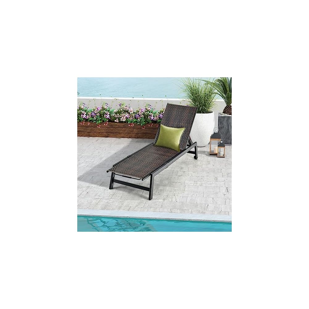 GIANTEX Patio Chaise Lounge Chair - Outdoor PE Rattan Recliner Chair with Wheels, 5-Position Adjustable Backrest, Steel Frame, Wicker Tanning Chair for Deck, Poolside, Yard, Beach Sunbathing Chair(1)