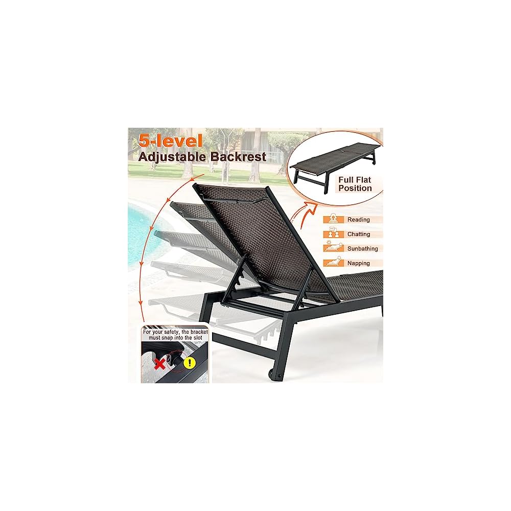 GIANTEX Patio Chaise Lounge Chair - Outdoor PE Rattan Recliner Chair with Wheels, 5-Position Adjustable Backrest, Steel Frame, Wicker Tanning Chair for Deck, Poolside, Yard, Beach Sunbathing Chair(1)