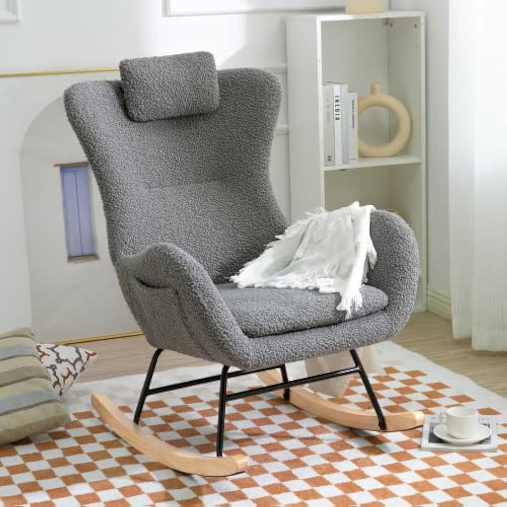 Rocking Chair Upholstered Glider Rocker Rocking Accent Chair Modern Lazy Chair Ergonomic Design 220 LBS Load Capacity Armchair Comfy Side Chair for Living Room Bedroom Gray