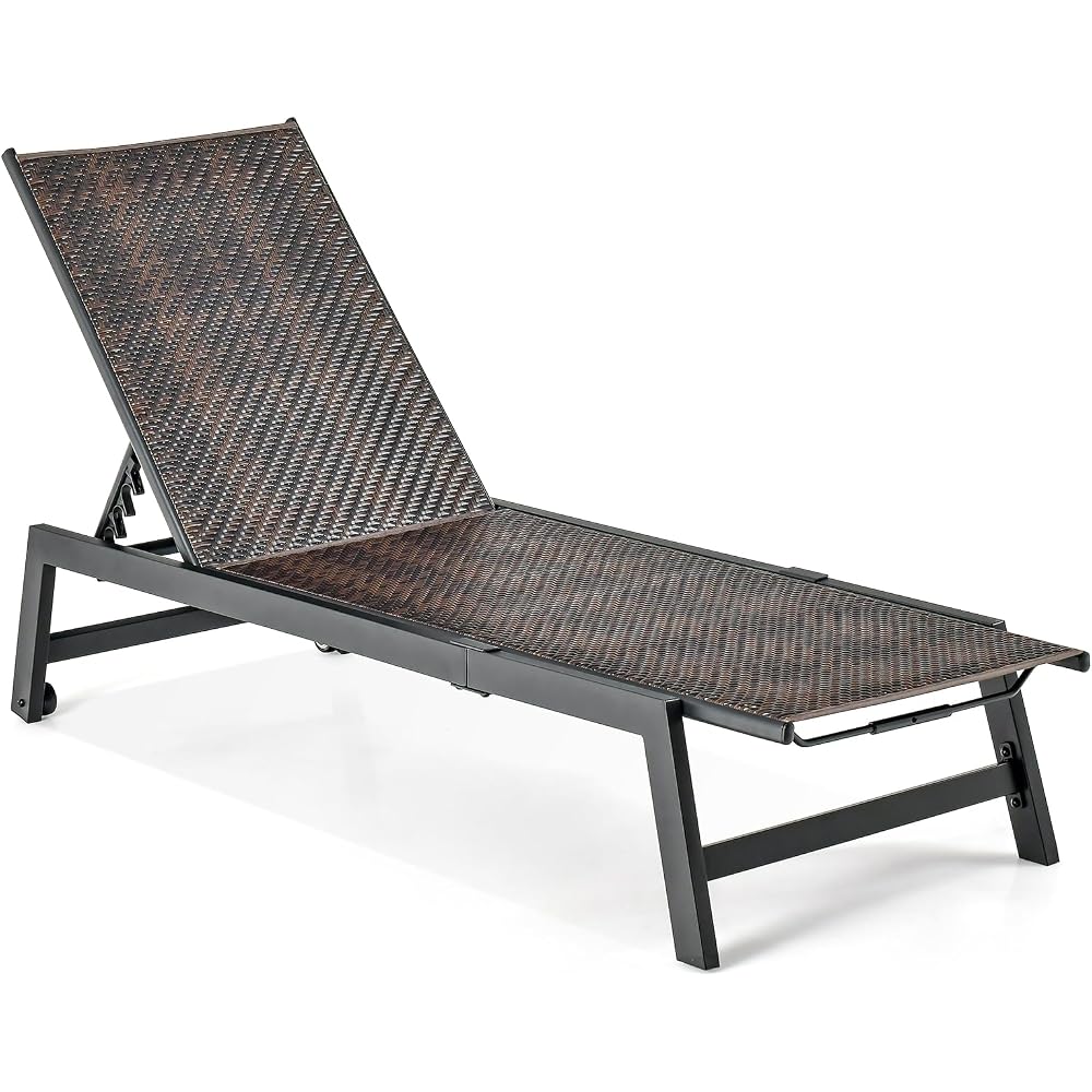 GIANTEX Patio Chaise Lounge Chair - Outdoor PE Rattan Recliner Chair with Wheels, 5-Position Adjustable Backrest, Steel Frame, Wicker Tanning Chair for Deck, Poolside, Yard, Beach Sunbathing Chair(1)
