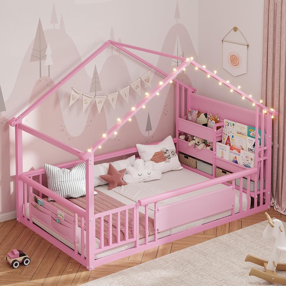 DICTAC Twin Floor Bed with Storage Bookshelf and Globe String Lights House Montessori Floor Bed for Girls with Safety Guardrail,Side Storage Pockets & Solid Wood Slats,Twin Size Girls Floor Beds,Pink