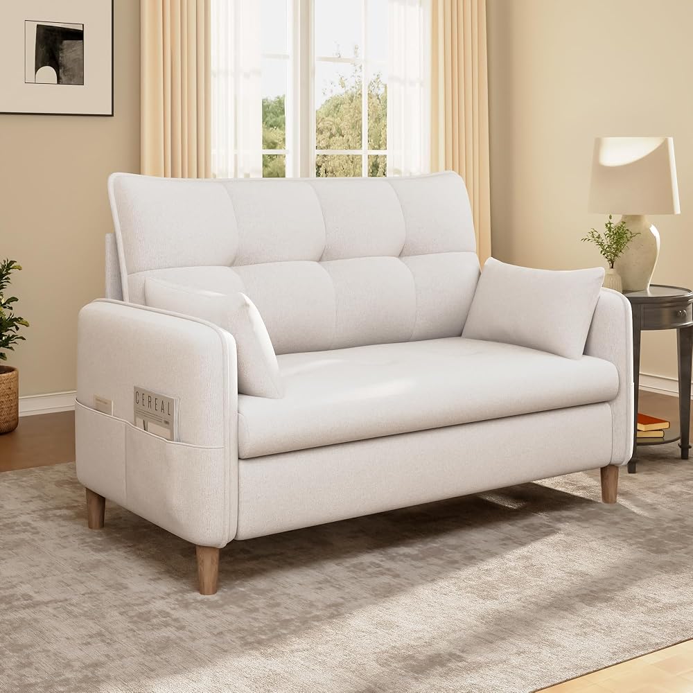 47" Chenille Loveseat Sofa, 2-Seater Couch with 2 Pillows, Off‑White