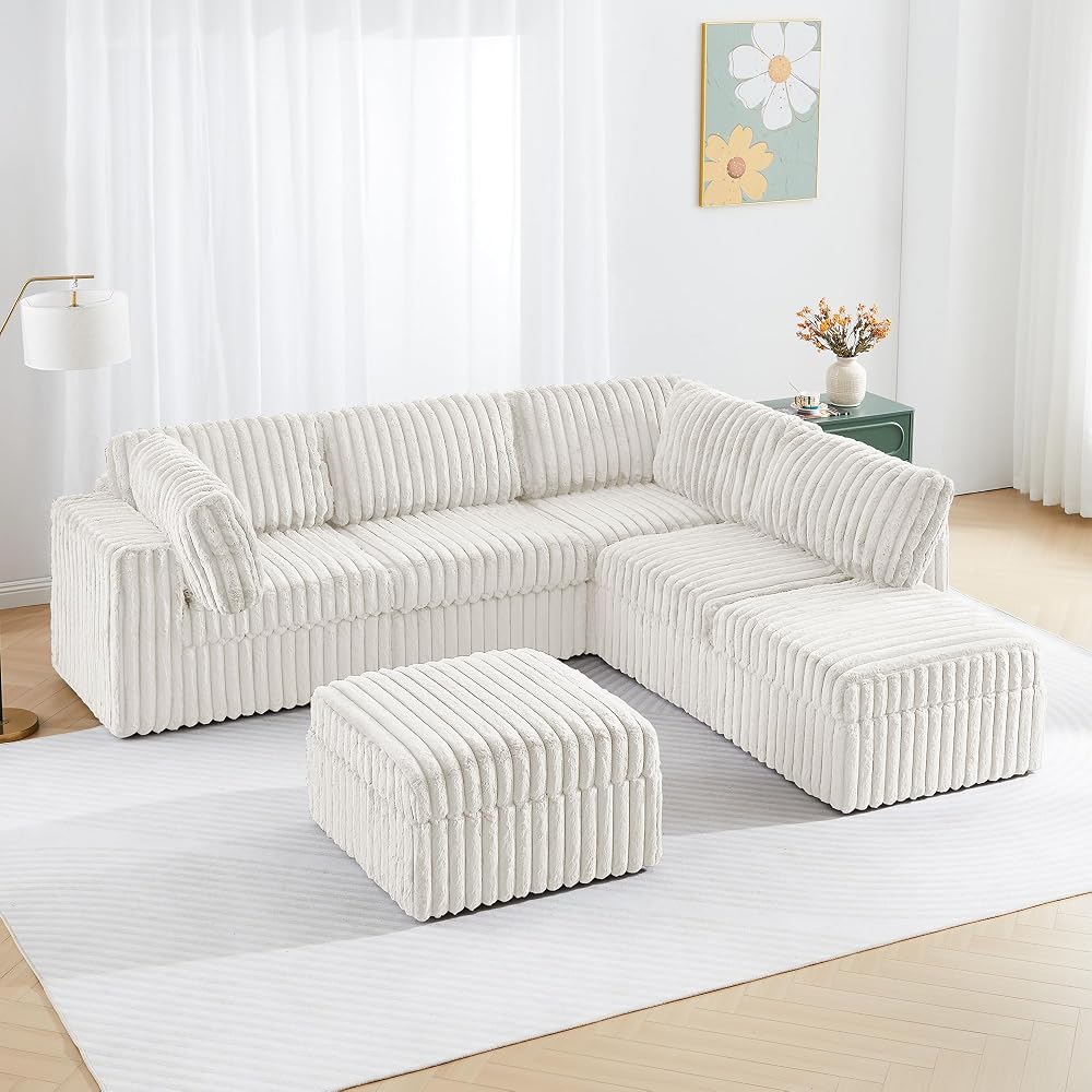 Corner Modular Sectional Sofa Set, Plush Faux Rabbit Fur Convertible L Shaped Couch with Storage, 6 Seater Corduroy Sofa Modular with Ottomans and Reversible Chaise for Living Room, Office (White)
