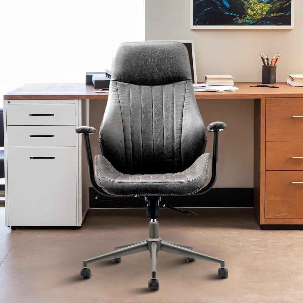 Mid Century Modren Office Chair - Fuax Leather Suede Brown Executive Chairs Ergonomic Mid Back with Lumbar Support, Swivel Computer Desk Task Chair with Wheels for Home Office (Grey, Hign Back)