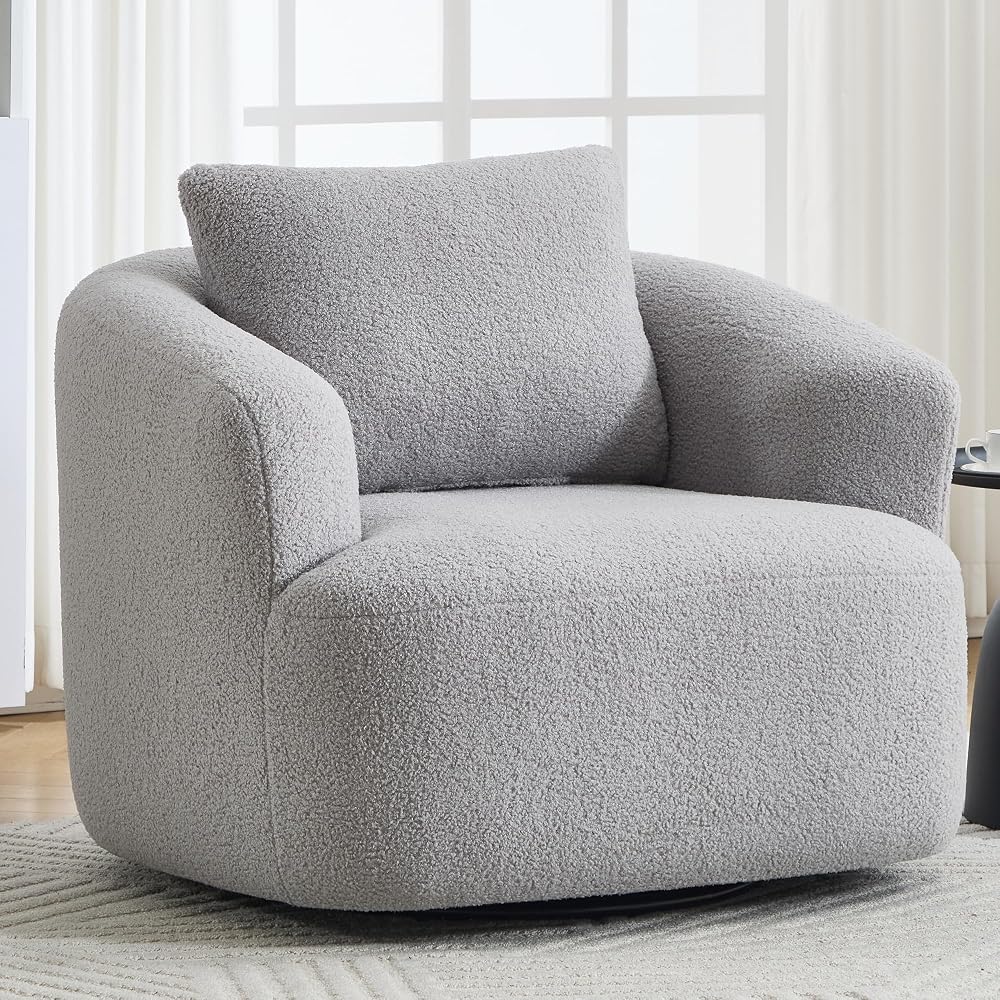 360° Swivel Round Accent Chair with Soft Pillow, Comfy Teddy Fleece Upholstered Barrel Chair, No Assembly Single Sofa for Living Room, Bedroom, Apartment (Light Gray)