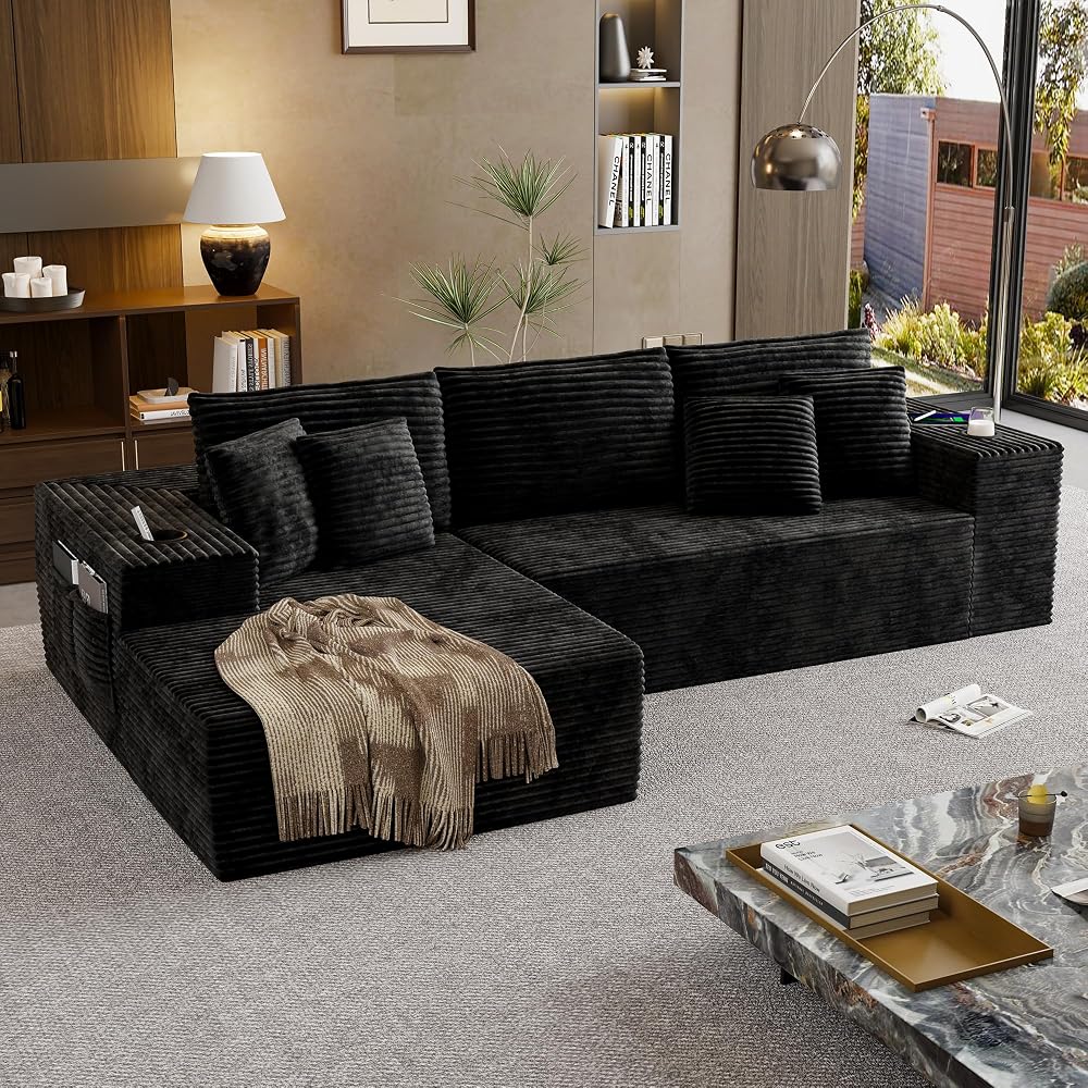104.3'' L-Shape Cloud Sectional Couch, Modular Sectional Sofa with Side Pocket, Cup Holder&USB Port, Couch for Living Room Bedroom with Deep Seat, Plush Corduroy Fabric, No Assembly, Black